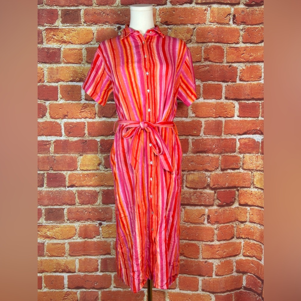 Lucy Paris Vibrant Pink & Orange Striped T-Shirt Dress Size Small‎ Linen Blend